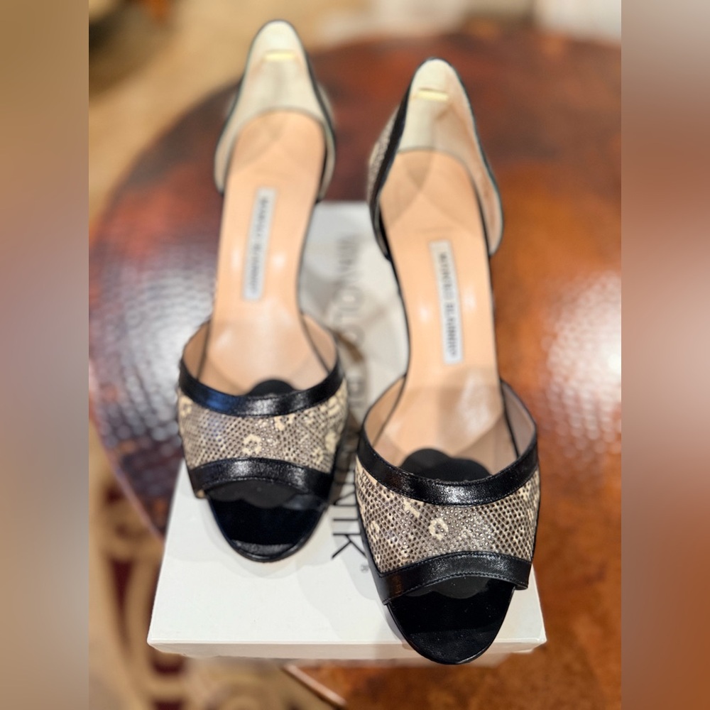Manolo Blahnik Black and Beige Snake-Print Open-Toe Heels - Picture 4 of 6